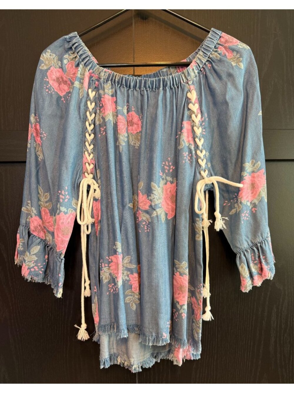 Ali Miles Chambray Pink Floral Tie Peasant Blouse Petite Medium Cottage Boho